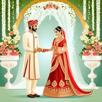 AI generated Indian groom dressed in white Sherwani and red hat with stunning bride in red lehenga stand and hold each hands walking outside photo