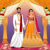 AI generated Indian groom dressed in white Sherwani and red hat with stunning bride in red lehenga stand and hold each hands walking outside photo