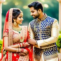 AI generated Indian groom dressed in white Sherwani and red hat with stunning bride in red lehenga stand and hold each hands walking outside photo