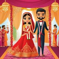 AI generated Indian groom dressed in white Sherwani and red hat with stunning bride in red lehenga stand and hold each hands walking outside photo