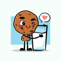 cute cookies mascot loves a glass of milk. funny food vector character.