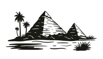 Egyptian pyramids. Pyramid of Cheops in Cairo, Giza. Vector illustration in engraving style
