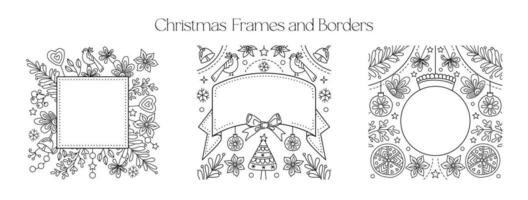 Christmas Frames and Borders set. Coloring page for kids and adults. Greeting card Happy New Year 2024, Merry Christmas. Children Colouring book pictures. Black and white ornate frame collection. vector