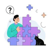A man and a cat put together a puzzle and solve a problem. Flat vector illustration.