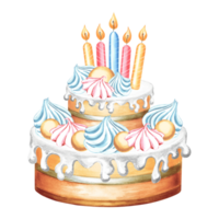 Cake with colorful candles, marshmallow and meringue for birthday Festive dessert with glaze and cream. Hand drawn watercolor illustration for menu and packaging design, postcards, making stickers. png