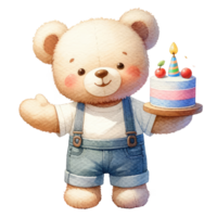 ai gegenereerd schattig teddy beer met verjaardag taart geïsoleerd. png