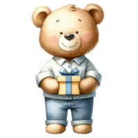 AI generated Watercolor cute teddy bear with a gift box isolated. png