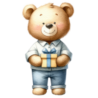 ai generiert Aquarell süß Teddy Bär mit ein Geschenk Box isoliert. png