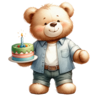 ai generiert süß Teddy Bär mit Geburtstag Kuchen isoliert. png