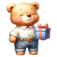 ai generiert Aquarell süß Teddy Bär mit ein Geschenk Box isoliert. png