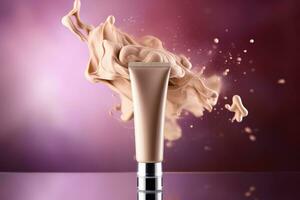 AI Generated Liquid foundation tube from recycled plastic with cream splashes and drops against violet background. Cosmetic product mock up for presentation, modern advertising with copy space for text photo