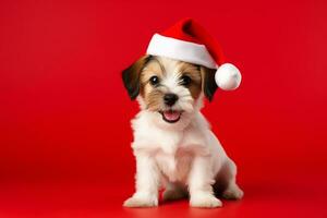 A small white and brown dog wearing a santa hat, Generative AI photo