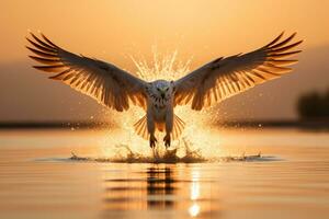 un blanco pájaro aterrizaje en un cuerpo de agua, generativo ai foto