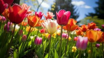 A field of colorful tulips with trees in the background,  Generative AI photo