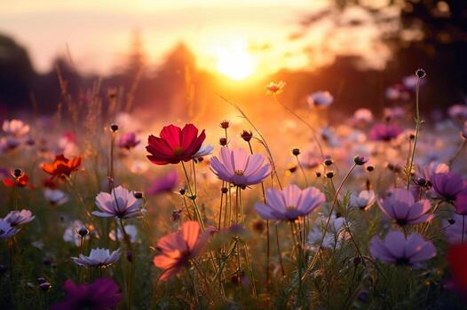 A field of flowers with the sun setting in the background, Generative AI photo