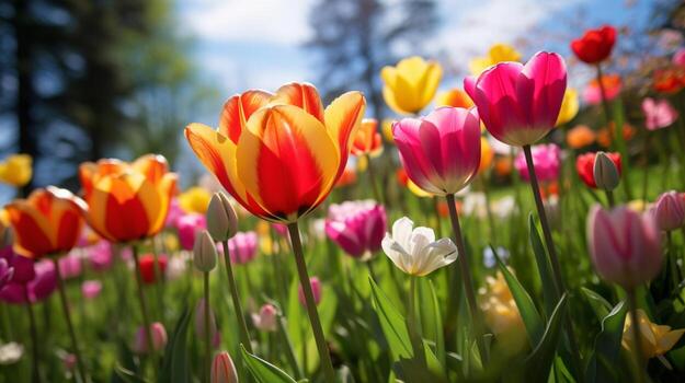 A field of colorful tulips with trees in the background,  Generative AI photo