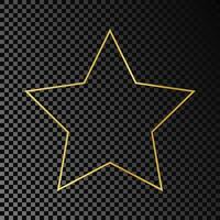 Gold glowing star shape frame isolated on dark background. Shiny frame with glowing effects. Vector illustration.