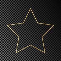 Gold glowing star shape frame isolated on dark background. Shiny frame with glowing effects. Vector illustration.