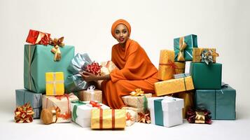 AI generated Festive Elegance Model Amidst a Bounty of Beautifully Wrapped Gifts on a White Backdrop photo