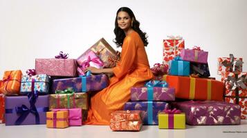 AI generated Festive Elegance Model Amidst a Bounty of Beautifully Wrapped Gifts on a White Backdrop photo