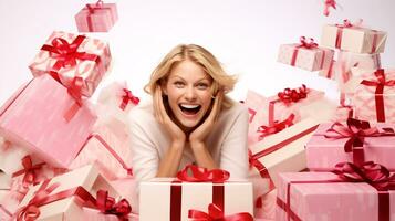 AI generated Festive Elegance Model Amidst a Bounty of Beautifully Wrapped Gifts on a White Backdrop photo