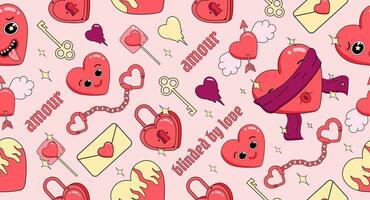 Valentine's Day seamless pattern with heart characters, cupids, locks, keys, chains and gothic text, romantic retro banner, vector illustration.