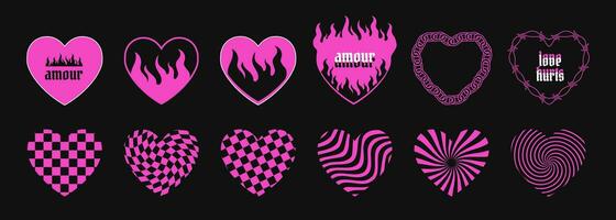 Retro pink heart symbols, stickers, decorative romantic elements in Y2K techno crazy aesthetics with flames, gothic text, chains chessboard and stripe textures. Vector illustration.