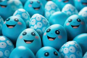 AI generated Blue Easter eggs with smiles. Easter background. Generative AI photo