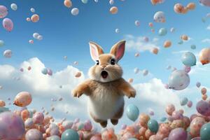 AI generated Easter bunny jumping in the sky surrounded by balloons. Generative AI photo