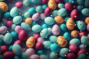 AI generated Easter background with colored eggs and blur. Generative AI photo