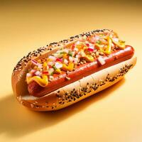 AI generated Fresh cooked hot dog with mustard and ketchup - AI generated image photo