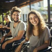 young smiling people in a wheelchair, AI Generated photo