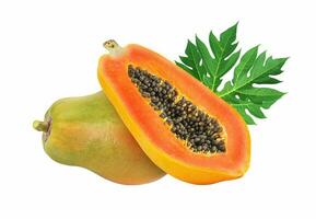 Whole and half of ripe papaya fruit isolated on white background photo