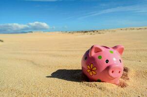 pink piggy bank in the sand photo