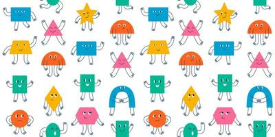 Seamless pattern different cute colorful geometric figures with emotions, hands and legs in hand drawn style. Doodle flat illustration for kids. For textile, wrapper, background. vector