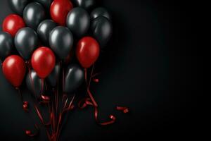 ai generado rojo y negro globos en un negro antecedentes con Copiar espacio. negro viernes concepto. descuentos, ventas. foto