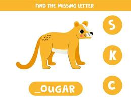 Find missing letter with cartoon  cougar. Spelling worksheet. vector