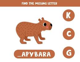 Find missing letter with cartoon brown capybara. Spelling worksheet. vector