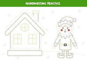 Tracing lines for kids with cute winter house and elf. Writing practice. vector