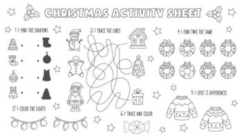 Vector Christmas place mat for kids. Winter actvity sheet. Black and white New Year worksheet.