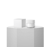 cosmetico vaso con confezione scatola modello su brillante bianca il giro piedistallo podio. trasparente sfondo png