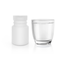 Complete prescription set up showing a glass of water, a white blank plastic medicine bottle. transparent background png