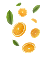 Falling juicy oranges with green leaves isolated on transparent background. Flying defocusing slices of oranges. Applicable for fruit juice advertising. transparent background png