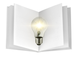 concept creativity with bulbs that shine glitter on over open book. transparent background png