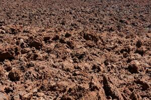 a large red rock field with a few people walking around photo