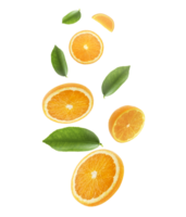 Falling juicy oranges with green leaves isolated on transparent background. Flying defocusing slices of oranges. Applicable for fruit juice advertising. transparent background png