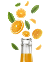 Orange juice bottle and Falling juicy oranges with green leaves isolated on transparent background. Flying defocusing slices of oranges. Applicable for fruit juice advertising. transparent background png