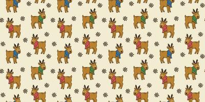 Colorful seamless pattern with doodle elements of Merry Christmas in hand drawn style and vintage colors. Deer in scarf and snowflakes. For textile, wrapper, background. vector