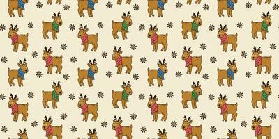 Colorful seamless pattern with doodle elements of Merry Christmas in hand drawn style and vintage colors. Deer in scarf and snowflakes. For textile, wrapper, background. vector