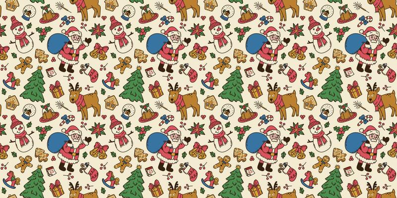 Colorful seamless pattern with doodle elements of Merry Christmas in hand drawn style and vintage colors. Santa Claus, deer, tree, bell, cookies, gift box. For textile, wrapper, background.